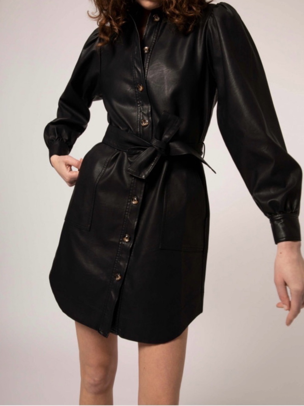 Frnch | Acy Dress trench coat black faux leather vegan sz small